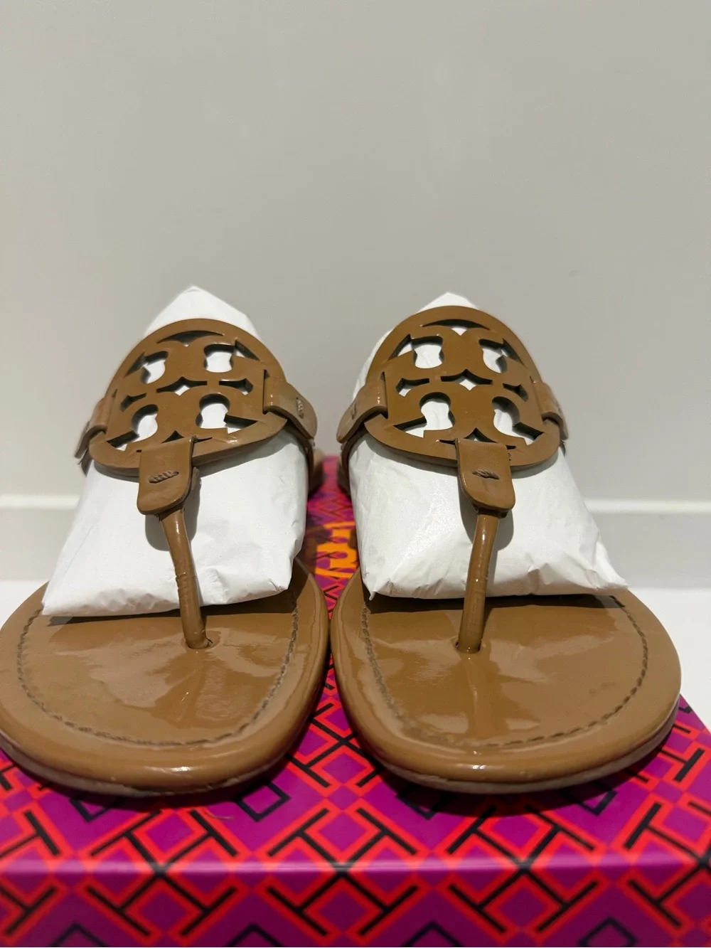 Tory Burch Tan Leather Miller Logo Thong Sandals
